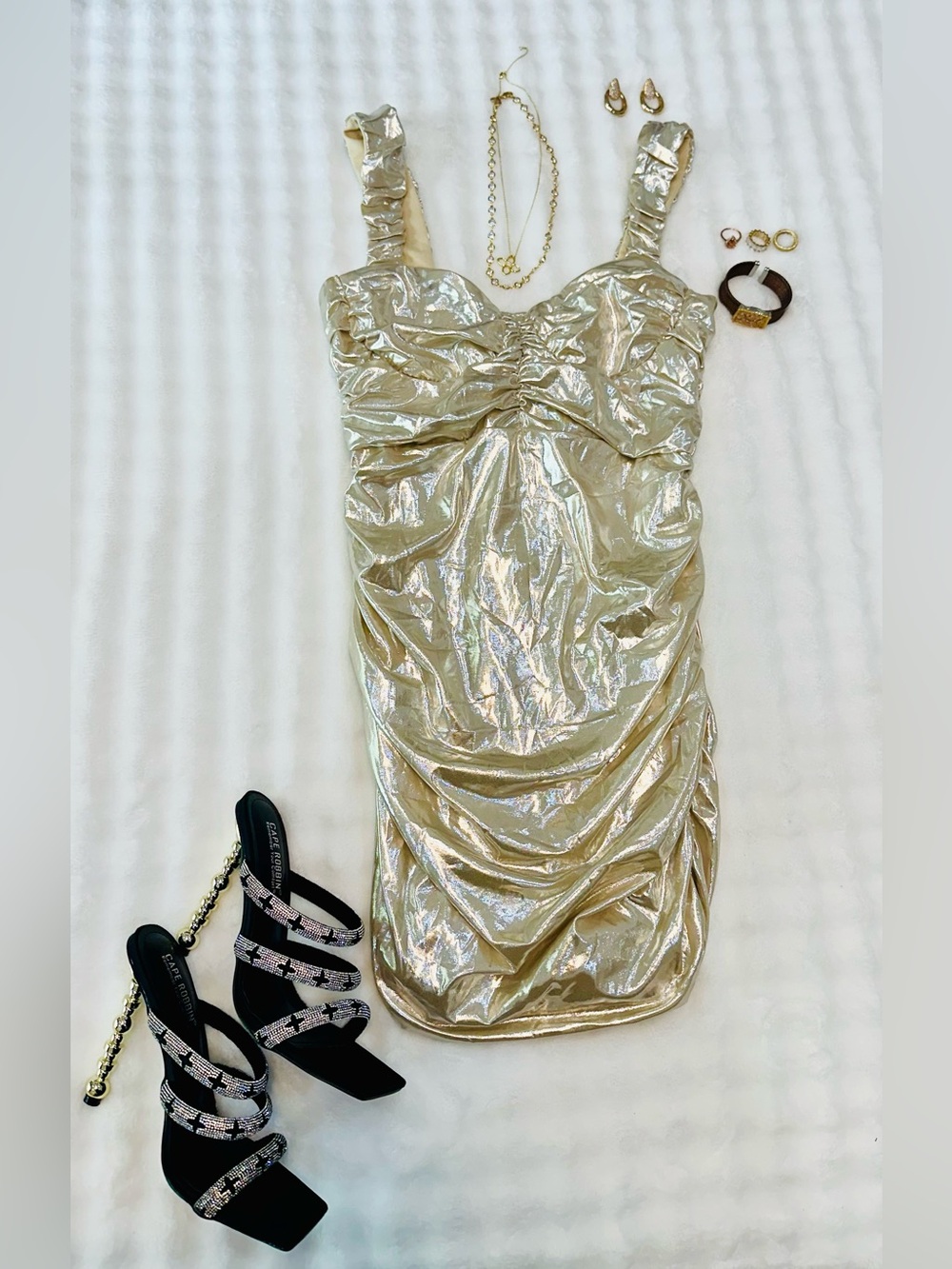 Metallic Gold Ruched Party Mini Dress